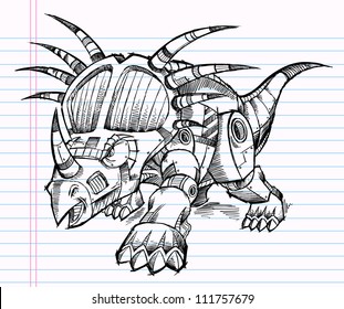 Sketch Doodle Robot Machine Triceratops Dinosaur Vector Illustration