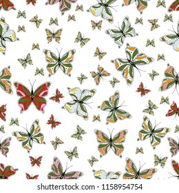 Sketch, doodle, scribble. Cute girly seamless pattern drawn by hand. Vector illustration. Endless. Repeated butterflies.