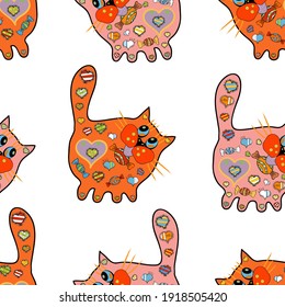 Sketch, doodle, scribble. Orange, pink and white nice background. Endless. Doodle cats seamless. Vector. Great for coloring book, wrapping, printing, fabric and textile.