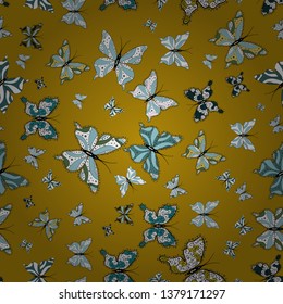 Sketch, doodle, scribble. Repeating insect fabric clipart for clothing fabric. Spring butterfly theme. Endless. Vector design. Lovely seamless butterfly cloth background on blue, yellow and white.