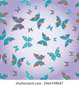Dibujo, garabato, garabato. Fondo floral abstracto sin costuras con mariposas. Interminable. Vector. Diseño de tela de moda.