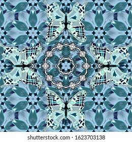 Sketch, doodle, scribble. Vector illustration. Butterflies on a black, blue and neutral background. Seamless. Endless. Design with butterflies.