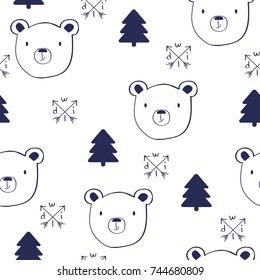 Sketch doodle seamless pattern with bear. Vector hand drawn illustration.