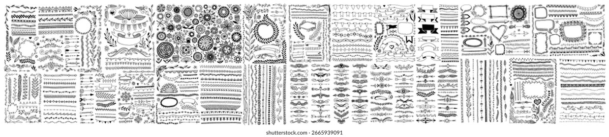 Conjunto de Elementos florales, divisores de dibujo a mano y marcos
