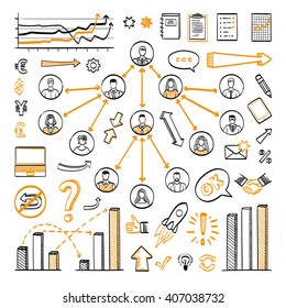 Sketch doodle set of icons in black and orange colors. Business concept. Isolated on white background. Infographics. 