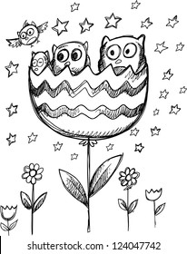 Sketch Doodle Spring Owl Flowers Vector Art