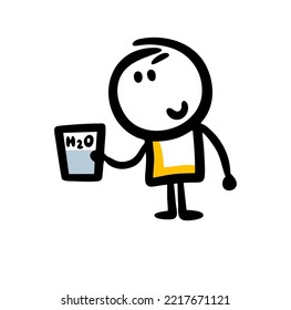 Sketch of doodle student boy with the glass of blue clean water to  drink. Vector illustration of chemical lesson.
