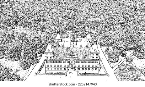 Esbozar el estilo del doodle. Graz, Austria. El Palacio Eggenberg, la residencia aristocrática más grande de Estiria, está catalogada como Patrimonio de la Humanidad. La construcción terminó en 1646, vista aérea  