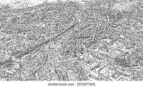 Sketch doodle style. Graz, Austria. The historic city center aerial view. Mount Schlossberg (Castle Hill), Aerial View  