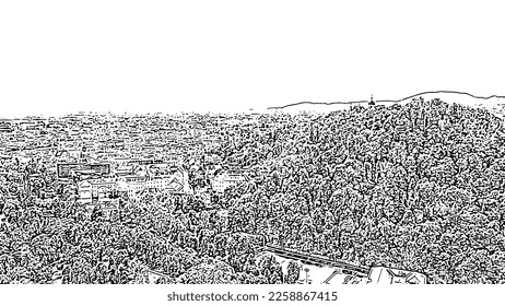 Sketch doodle style. Graz, Austria. The historic city center aerial view. Mount Schlossberg (Castle Hill), Aerial View  