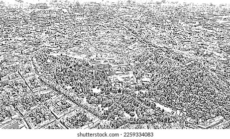 Sketch doodle style. Graz, Austria. The historic city center aerial view. Mount Schlossberg (Castle Hill), Aerial View  
