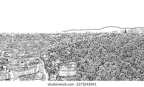 Sketch doodle style. Graz, Austria. The historic city center aerial view. Mount Schlossberg (Castle Hill), Aerial View  