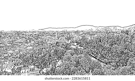 Sketch doodle style. Graz, Austria. Clock Tower in Graz. The historic city center aerial view. Mount Schlossberg (Castle Hill), Aerial View  