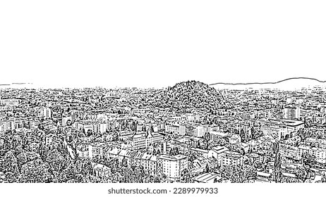 Sketch doodle style. Graz, Austria. The historic city center aerial view. Mount Schlossberg (Castle Hill), Aerial View  