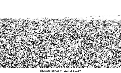 Sketch doodle style. Graz, Austria. The historic city center aerial view. Mount Schlossberg (Castle Hill), Aerial View  