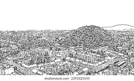 Sketch doodle style. Graz, Austria. The historic city center aerial view. Mount Schlossberg (Castle Hill), Aerial View  