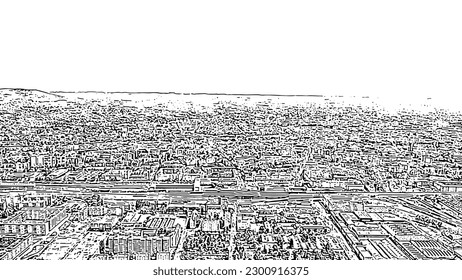 Sketch doodle style. Graz, Austria. The historic city center aerial view. Mount Schlossberg (Castle Hill), Aerial View  