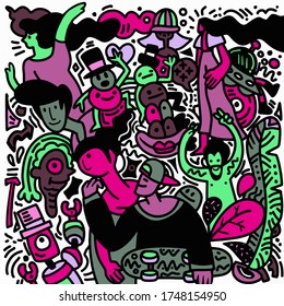 Sketch in Doodle Style. Group of Funny People on White. Vector Illustration for Cover Design.