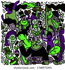 Skizze im Doodle-Stil. Gruppe der Funny People on White. Vektorgrafik für Cover Design.