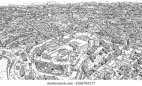 Sketch doodle style. Krakow, Poland. Wawel Castle. Ships on the Vistula River. View of the historic center, Aerial View  