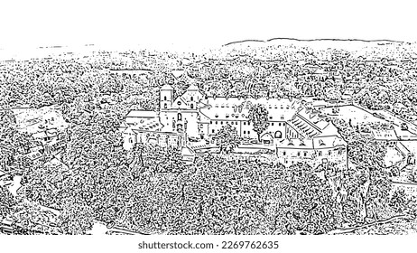 Sketch doodle style. Krakow, Poland. Benedictine Abbey (Tynets) on the Vistula River. The Benedictine monastery was founded in 1044, Aerial View  