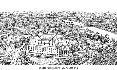 Sketch doodle style. Krakow, Poland. Wawel Castle. Ships on the Vistula River. View of the historic center, Aerial View  
