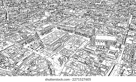 Sketch doodle style. Krakow, Poland. Main Square. Big city square of the 13th century. View of the historic center, Aerial View  