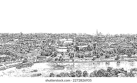 Sketch doodle style. Krakow, Poland. Wawel Castle. Ships on the Vistula River. View of the historic center, Aerial View  