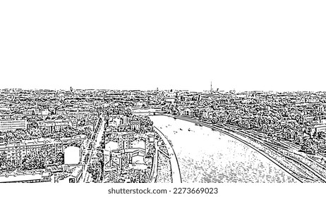 Sketch doodle style. Krakow, Poland. Wawel Castle. Ships on the Vistula River. View of the historic center, Aerial View  