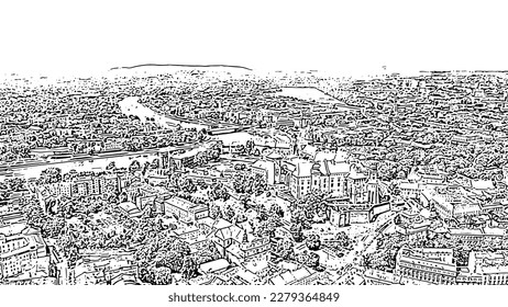 Sketch doodle style. Krakow, Poland. Wawel Castle. Ships on the Vistula River. View of the historic center, Aerial View  