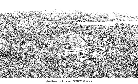 Sketch doodle style. Krakow, Poland. Barrow Kosciuszko (Krakow). Historical monument. The construction of the mound was completed in 1823, Aerial View  