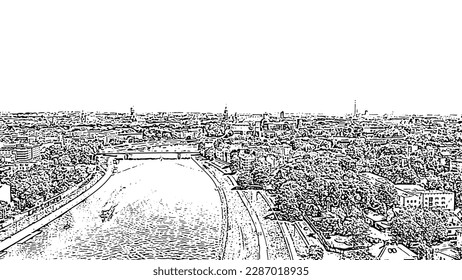 Sketch doodle style. Krakow, Poland. Wawel Castle. Ships on the Vistula River. View of the historic center, Aerial View  