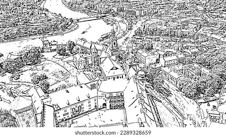 Sketch doodle style. Krakow, Poland. Wawel Castle. Ships on the Vistula River. View of the historic center, Aerial View  