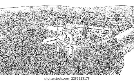 Sketch doodle style. Krakow, Poland. Benedictine Abbey (Tynets) on the Vistula River. The Benedictine monastery was founded in 1044, Aerial View  