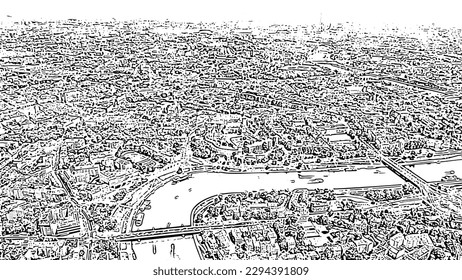 Sketch doodle style. Krakow, Poland. Wawel Castle. Ships on the Vistula River. View of the historic center, Aerial View  