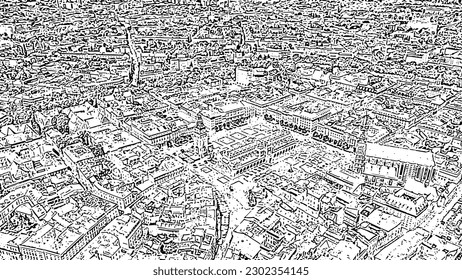 Sketch doodle style. Krakow, Poland. Main Square. Big city square of the 13th century. View of the historic center, Aerial View  