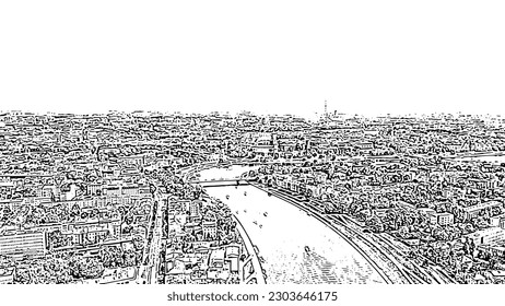 Sketch doodle style. Krakow, Poland. Wawel Castle. Ships on the Vistula River. View of the historic center, Aerial View  