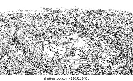 Sketch doodle style. Krakow, Poland. Barrow Kosciuszko (Krakow). Historical monument. The construction of the mound was completed in 1823, Aerial View  