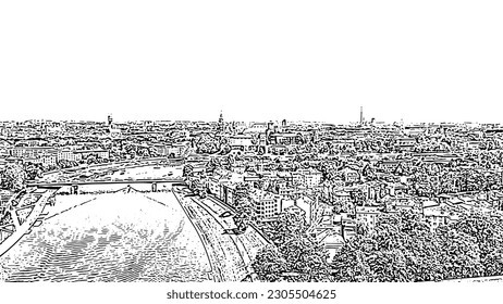 Sketch doodle style. Krakow, Poland. Wawel Castle. Ships on the Vistula River. View of the historic center, Aerial View  