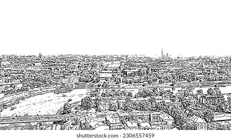 Sketch doodle style. Krakow, Poland. Wawel Castle. Ships on the Vistula River. View of the historic center, Aerial View  