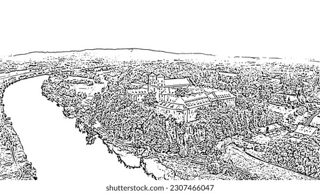 Sketch doodle style. Krakow, Poland. Benedictine Abbey (Tynets) on the Vistula River. The Benedictine monastery was founded in 1044, Aerial View  