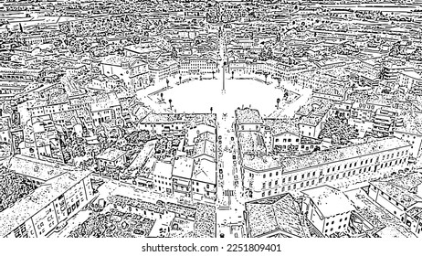 Sketch doodle style. Palmanova, Udine, Italy. An exemplary fortification project of its time was laid down in 1593, Aerial View  