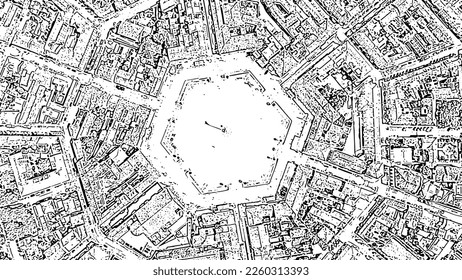 Sketch doodle style. Palmanova, Udine, Italy. An exemplary fortification project of its time was laid down in 1593, Aerial View  