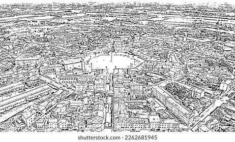 Sketch doodle style. Palmanova, Udine, Italy. An exemplary fortification project of its time was laid down in 1593, Aerial View  