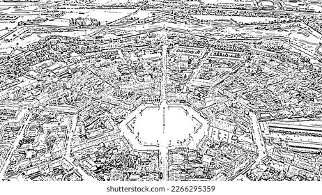 Sketch doodle style. Palmanova, Udine, Italy. An exemplary fortification project of its time was laid down in 1593, Aerial View  