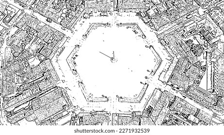 Sketch doodle style. Palmanova, Udine, Italy. An exemplary fortification project of its time was laid down in 1593, Aerial View  