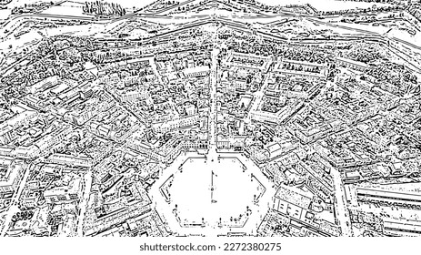 Sketch doodle style. Palmanova, Udine, Italy. An exemplary fortification project of its time was laid down in 1593, Aerial View  