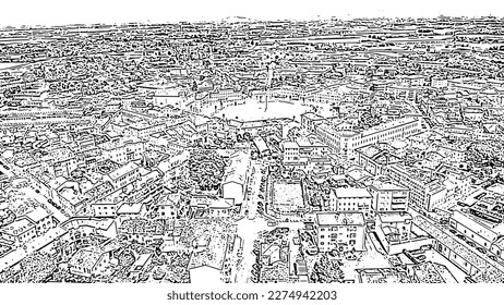 Sketch doodle style. Palmanova, Udine, Italy. An exemplary fortification project of its time was laid down in 1593, Aerial View  