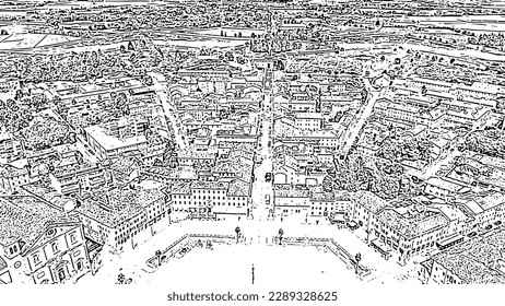 Sketch doodle style. Palmanova, Udine, Italy. An exemplary fortification project of its time was laid down in 1593, Aerial View  