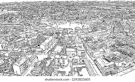 Sketch doodle style. Palmanova, Udine, Italy. An exemplary fortification project of its time was laid down in 1593, Aerial View  